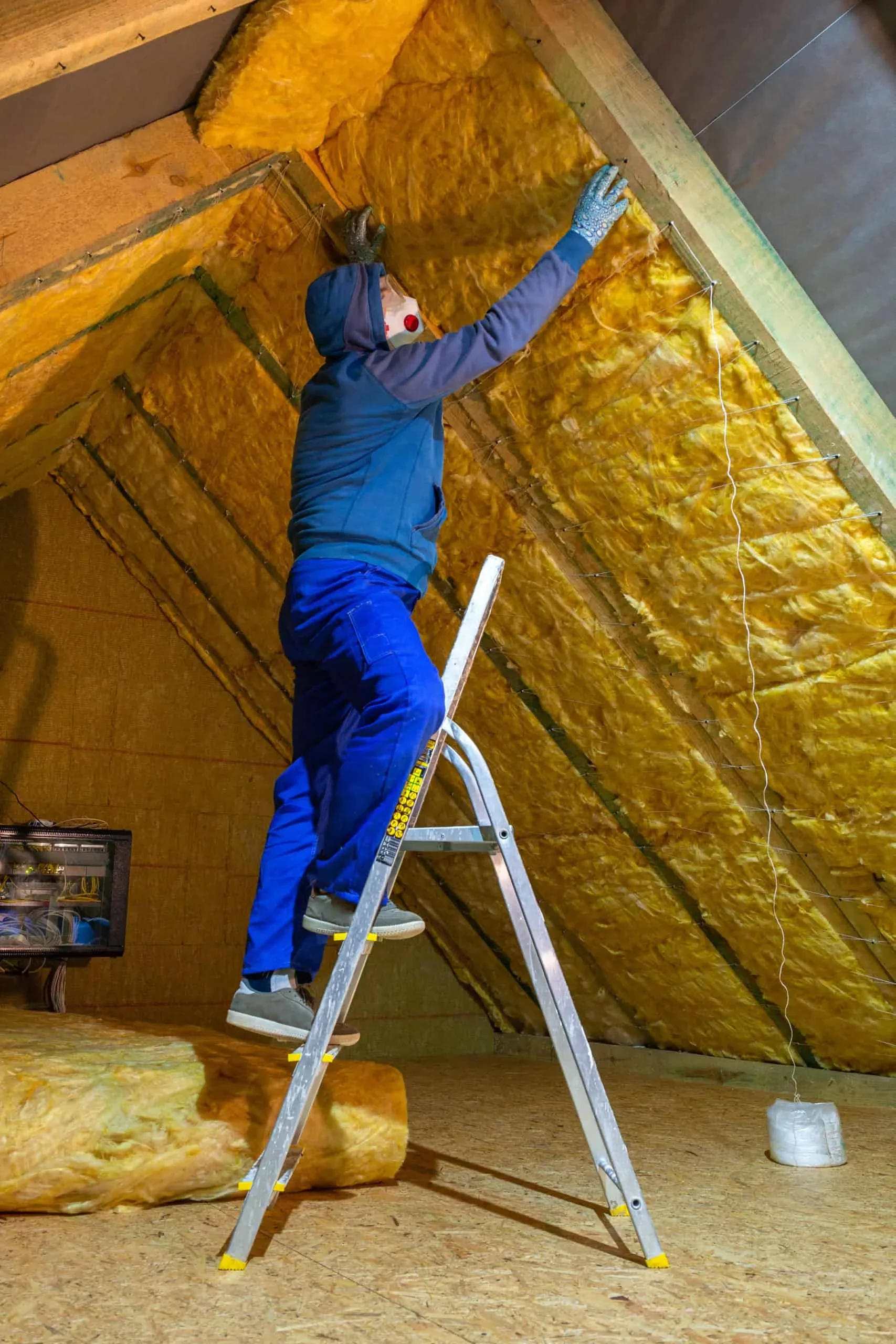 The man insulates the attic of the house