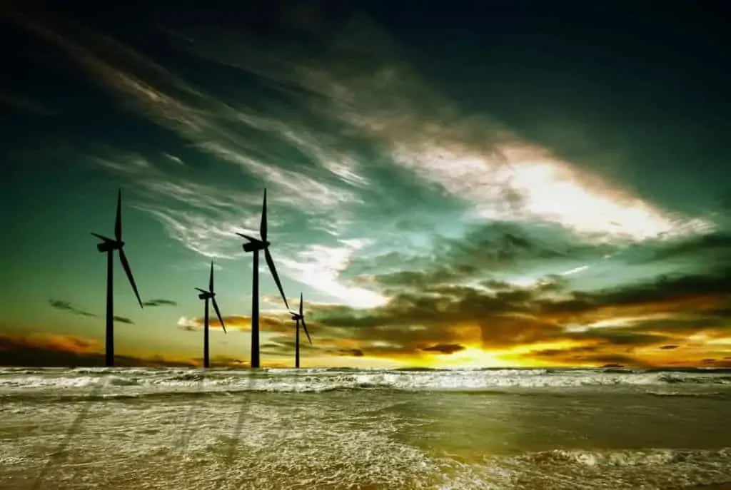 wind turbines at sunset