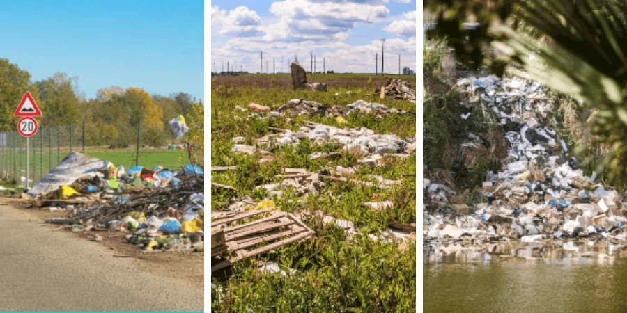 Rubbish dumped illegally on a road, in a field, and a river