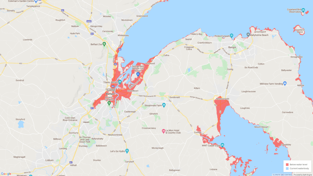 Parts of Belfast and the Ards peninsula that are expected to be affected by coastal floosing 
