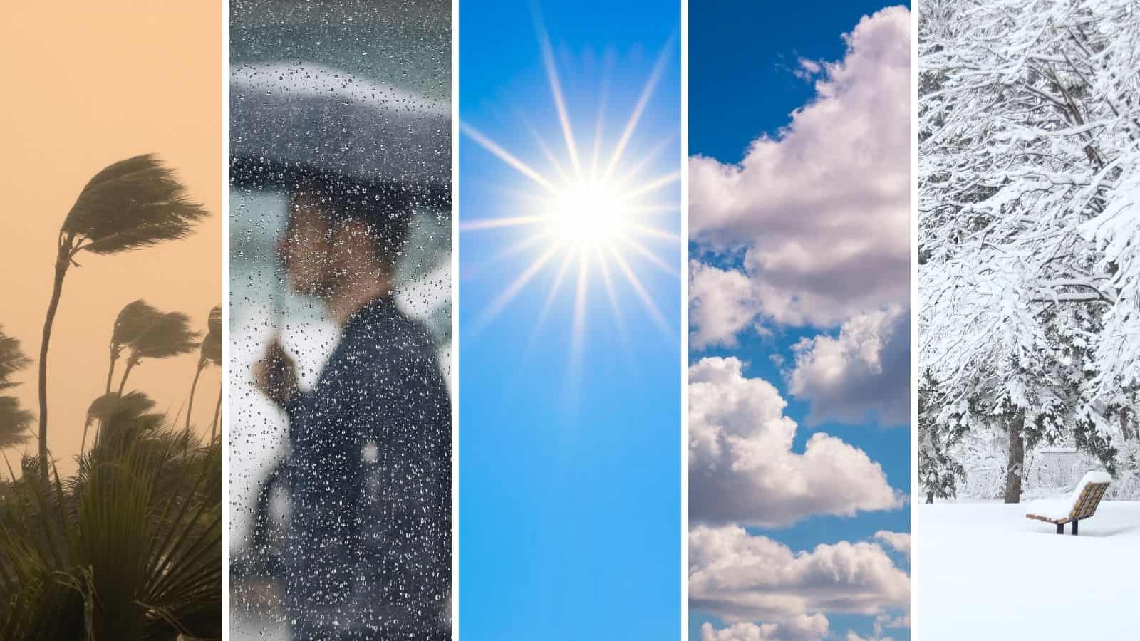 Types of weather including wind; rain; heat; clouds, snow.