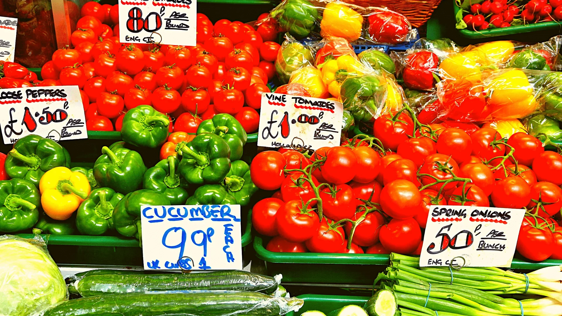 Fruit and veg stall with prices for the produce included