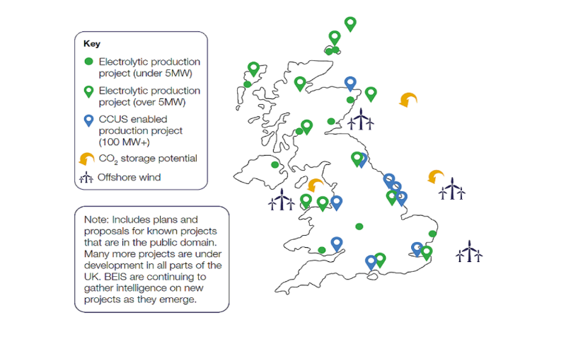 Proposed UK electrolytic and CCUS-enabled hydrogen production projects