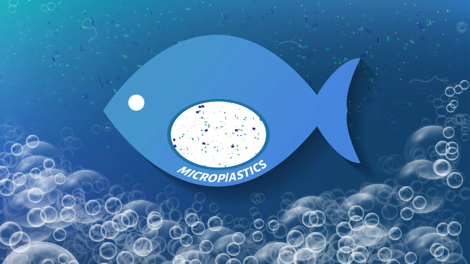 illustration of blue fish with micro-plastic in its stomach