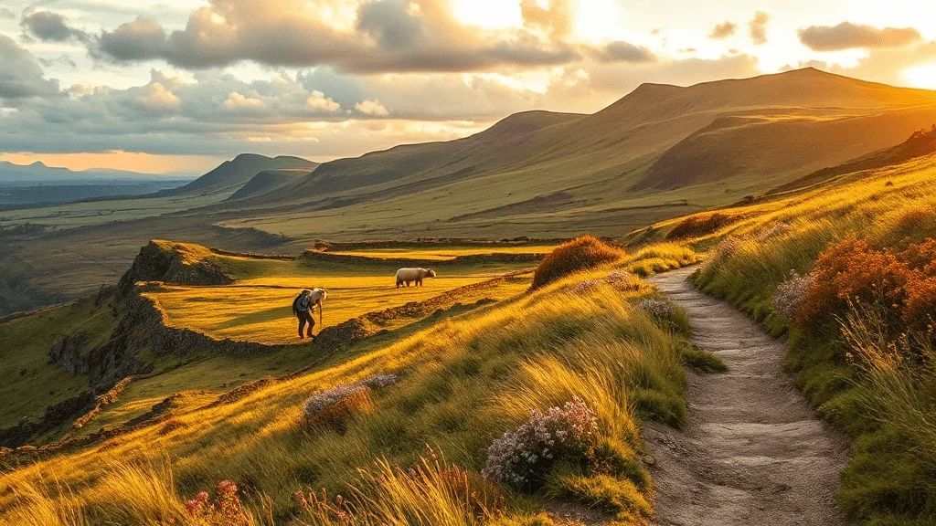 An artistic interpretation of sweeping panoramic views of Binevenagh's rugged cliffs and lush green plateau