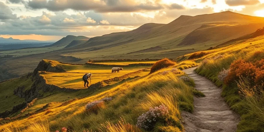 An artistic interpretation of sweeping panoramic views of Binevenagh's rugged cliffs and lush green plateau