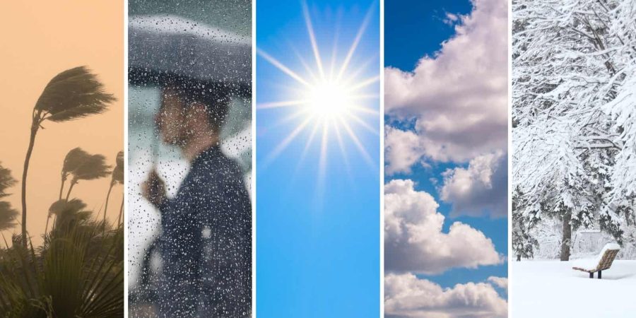 Types of weather including wind; rain; heat; clouds, snow.